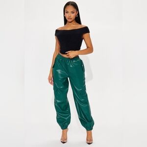 Faux Leather Cargo Joggers in Emerald Green